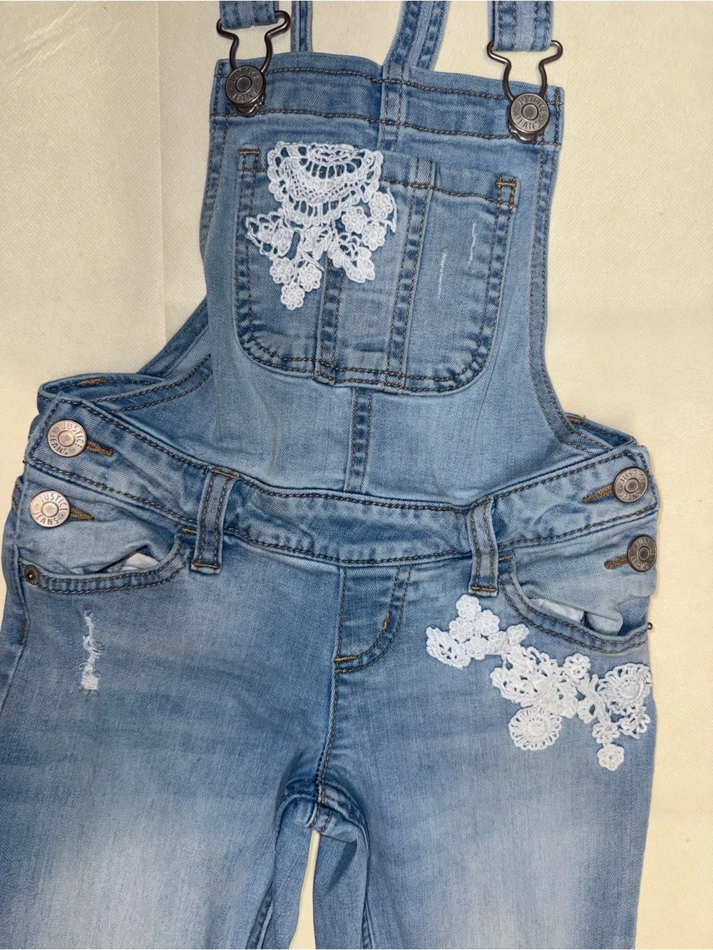 Justice Light Blue Denim Overalls with White Lace Appliqué